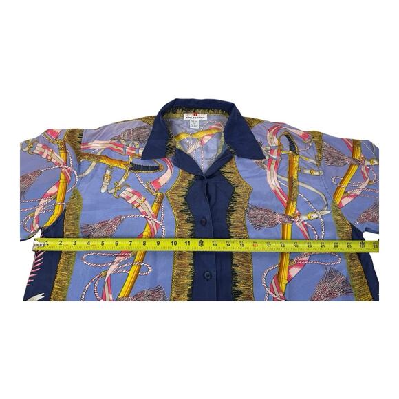 Vintage Stunt Collections Blouse 100% Silk Blue Tassel Ribbon Print Large 80s - Picture 10 of 13